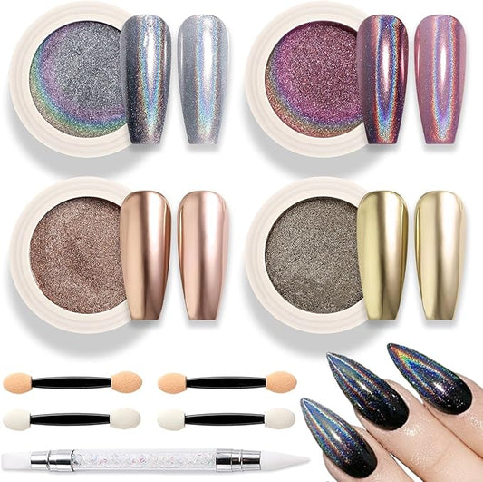 SUTOKAKA 4 Color Chrome Nail Powder Set Holographic Metallic Mirror Effect Nail Chrome Glitter Silver Copper Rose Gold Champane Glazed Donut Nail Dust Manicure Pigment for DIY Nail Art Design