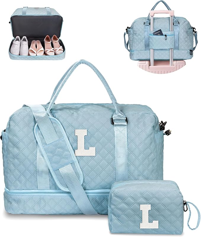 Personalized Girls Duffle Bag with Shoe Compartment, Personalized Weekender Overnight Bag, Monogram Letter Travel Bag with Makeup Bag, Birthday Gift For Women Girl (Letter L)