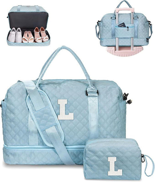 Personalized Girls Duffle Bag with Shoe Compartment, Personalized Weekender Overnight Bag, Monogram Letter Travel Bag with Makeup Bag, Birthday Gift For Women Girl (Letter L)