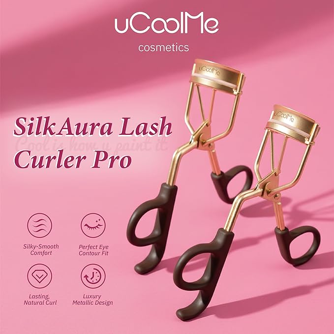 uCoolMe Eyelash Curler with 2 Refill Pads, No-Pinch Design & Comfort Grip for Natural Lash Lift, Cruelty-Free Lash Curler for All Eye Shapes, Easy to Use for Home and Travel (Gold)