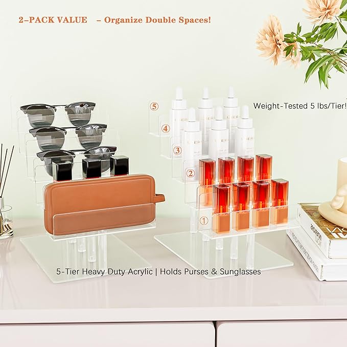 ihomecooker 2 Pack Acrylic 5-Tier Display Stand Clear Purse/Wallet/Sunglasses Organizer Tool-Free Assembly Jewelry & Cosmetic Rack