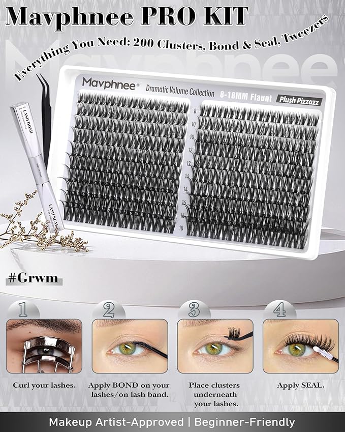 Flaunt Lash Clusters Kit Wispy Cluster Eyelash Extensions 8-18MM Volume Individual Lashes CD Curve Wet Look Eyelash Clusters with Lash Bond and Seal Kit by Mavphnee