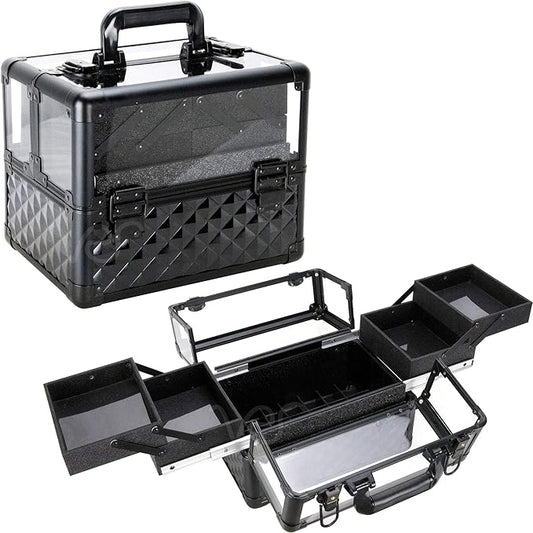 Ver Beauty Armored Acrylic Cosmetic Case Organizer Train Makeup Case with 4 Extendable Trays and Bottom Compartment Key and Lock (Black Diamond)