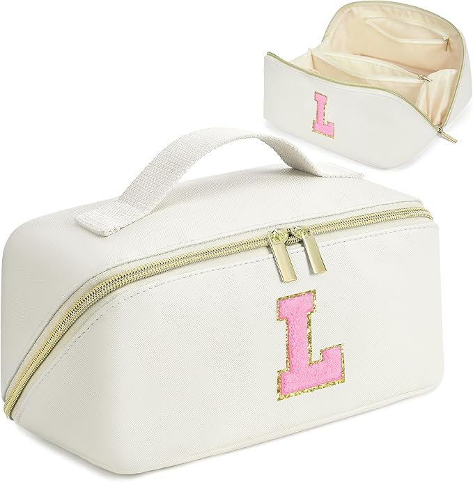 for Valentines Day Gifts, Makeup Bag for Women, PU Leather Travel Toiletry Bags, Initial Make Up Cosmetic Pouch for Teen Girls, Wide Open Portable Skincare Bag, Personalized Birthday Gifts, White L