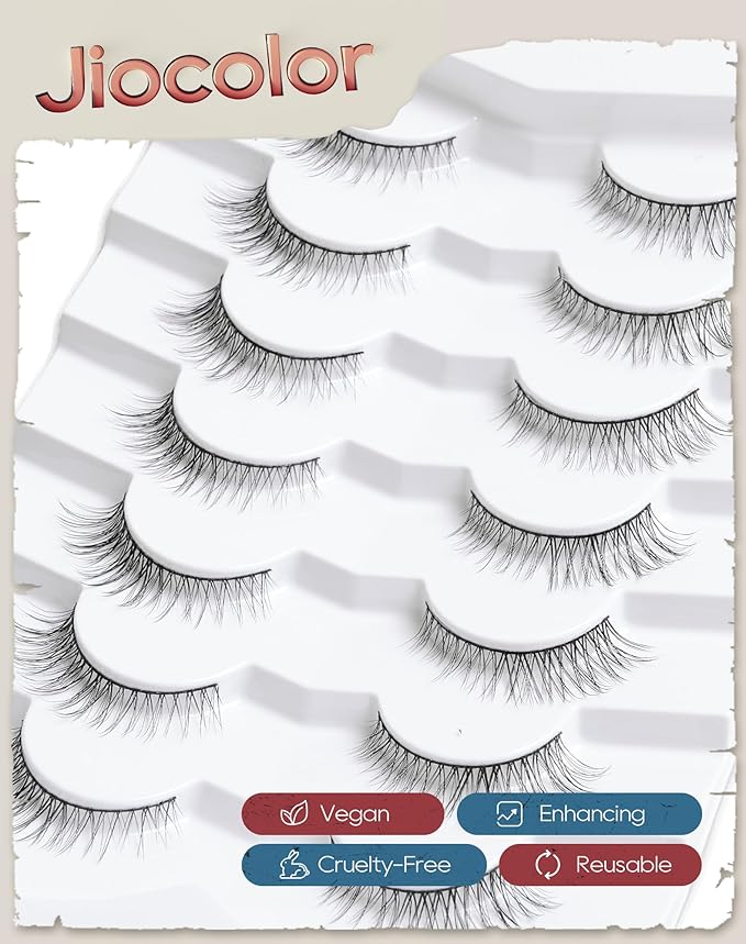 Cat Eye Lashes Natural Look Wispy Foxy Eye Lashes Pack 3D Volume Faux Mink Eyelashes C Curl Thin Band False Eyelashes 9 mm 7 Pairs S6