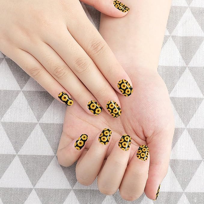 Floral Black Yellow Flowers Sunflower Nails Stickers - 5 PCS, Full Wrap Nail Stickers Wraps Decals Nails Design Manicure Tips Decor for Women