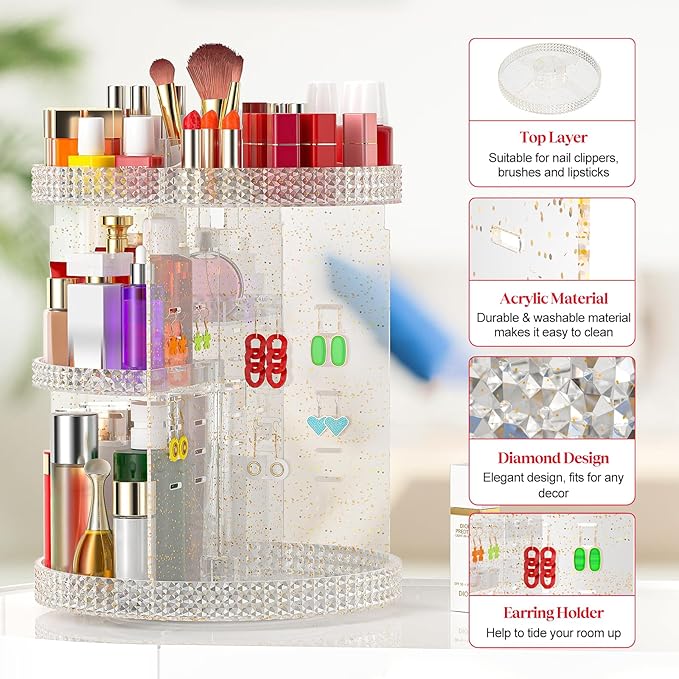 Awenia Makeup Organizer 360-Degree Rotating, Adjustable Makeup Storage, 7 Layers Large Capacity Cosmetic Storage Unit, Fits Different Types of Cosmetics and Accessories, Plus Size(Glitter)