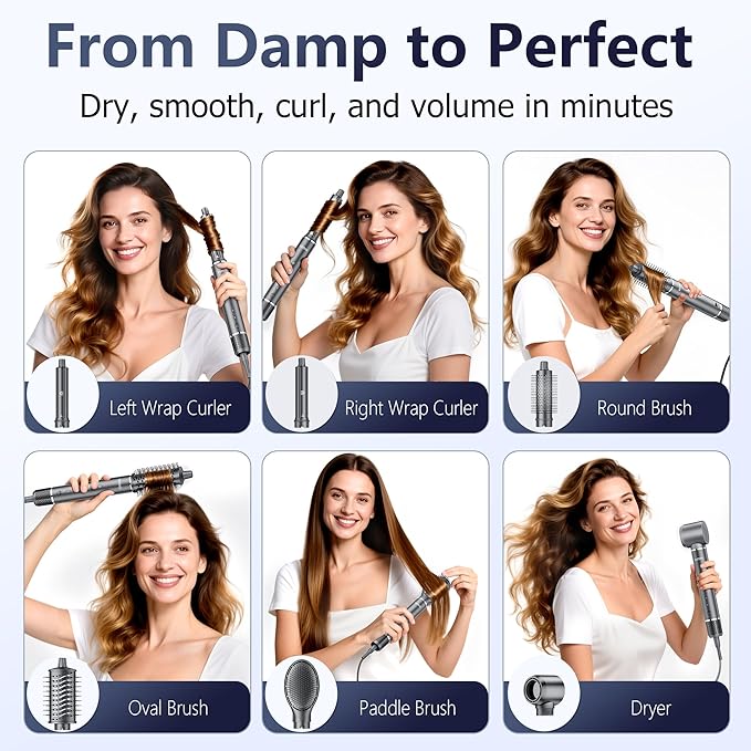6-in-1 Ionic Hot Air Styler, Powerful High Speed Hair Dryer Brush, Auto Wrap Curler for Fast Drying, Volumizing&Straightening for Multi Styler, Cool Shot Button-No Heat Damage, Gift for Women-Travel