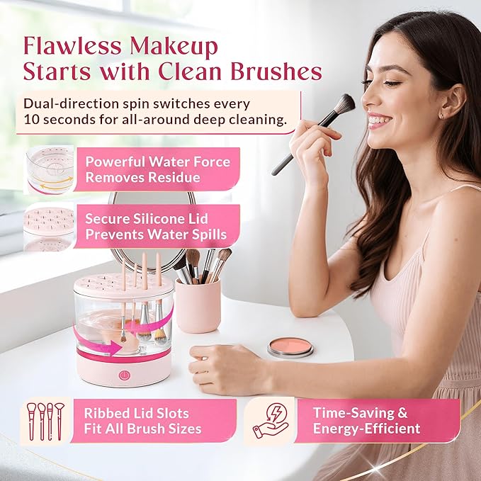 360° Electric Makeup Brush Cleaner – Dual Spin Makeup Brush Cleansing Machine Holds 17 Brushes, Portable Compact Design for Travel & Home Use, Perfect for Makeup Lovers & Professionals