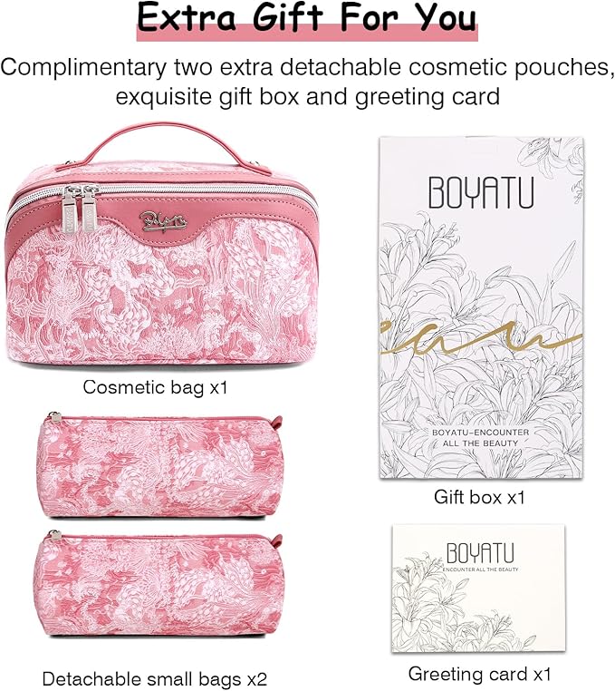 BOYATU Travel Makeup Bag for Women: Large Capacity Make up Bag with Compartments - Vegan Leather Cosmetic Bag set of 3 - Waterproof Toiletry Bag with Handle & Divider(E-4-Pink)