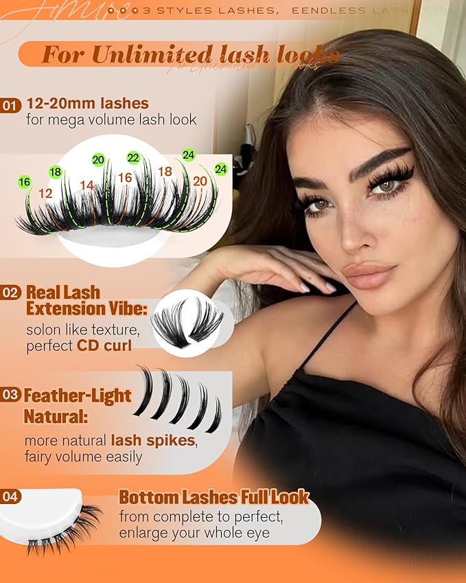 JIMIRE Lash Clusters Kit Volume Lash Extension Kit 296Pcs 120D Cluster Eyelash Extensions with Bottom Lashes and Spikes D Curl Eyelash Extension Kit with Lash Bond and Seal