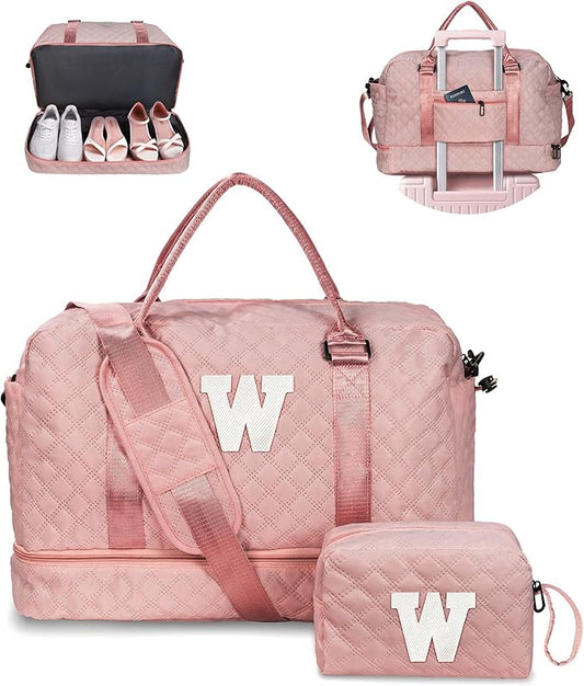 Bachelorette Personalized Weekender Travel Bag with Monogram, Shoulder Strap, Overnight Bag for Women (Letter W)