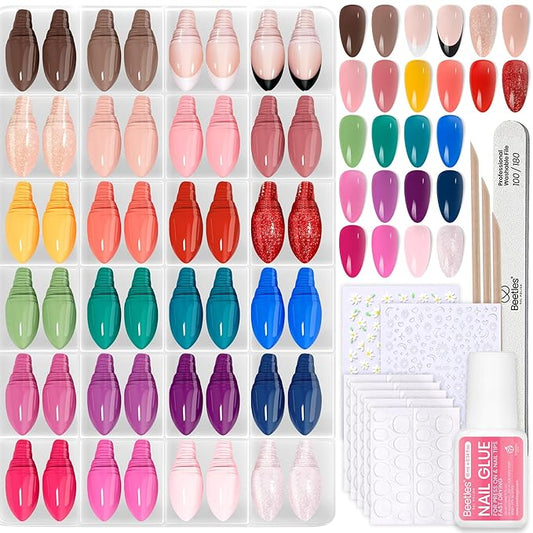 Beetles Press On Nails Kit - Rainbow Gleam | 720Pcs 24 Colors Short Almond Press On Nails | 15 Sizes Matte Glossy Glitter With Nail Glue & Nail Tabs Stickers, Fake Nails Kit Art For Women