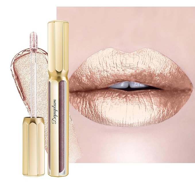 Depuplum Silver Lipsticks for Women Metallic Lipstick Long Lasting Non Stick Cup Lip Gloss, Shimmer Lightweight Hydrating Full Coverage Lip Color, DP110 Moonlight