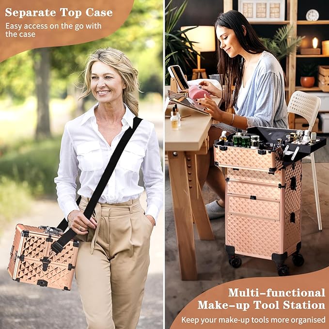 Karl home Rolling Makeup Case with Wheels & 2 Drawers, 3 in 1 Large Capacity Trolley Makeup Travel Case, Professional Cosmetology Lockable Travel Cosmetic Storage Train Cases, Champagne Gold