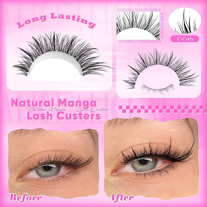 ALICE Manga Lash Clusters Clear Band with Bottom Eyelash Clusters Anime Cluster Eyelash Extensions Wispy Natural Lash Extensions Thin Band 174pcs 6-18mm Individual Lashes DIY at Home