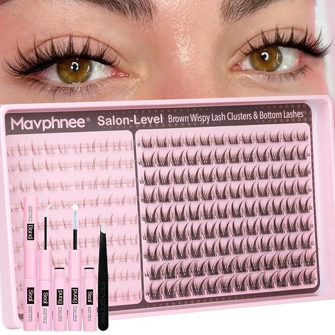 Brown Wispy Lash Clusters Kit with Bottom Lashes Manga Cluster Eyelash Extensions Kit Natural Anime Eyelash Clusters Spiky Fairy Individuals Lash Bond and Seal Clear (5-14MM, CC Curve)