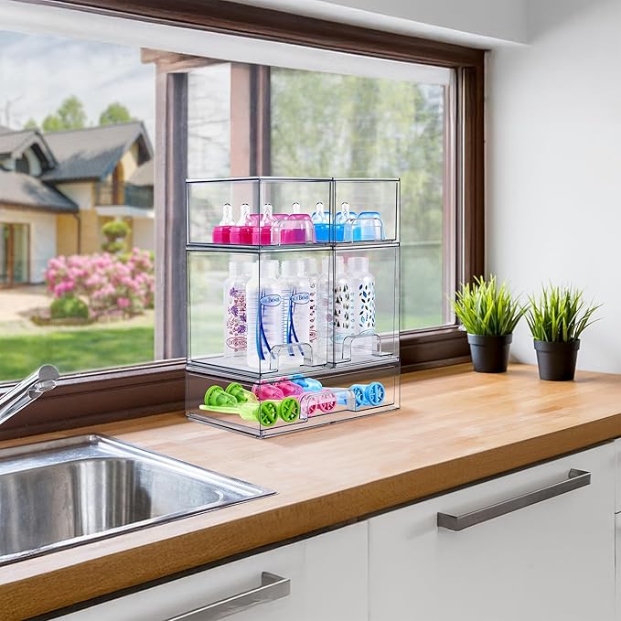 Sorbus Stackable Acrylic Storage Drawers, 2 Pack Clear Plastic Organizer Bins for Baby Bottles, Makeup, Bathroom, Vanity & Kitchen Countertop Organization, Pull-Out Drawer Design for Cabinets & Pantry