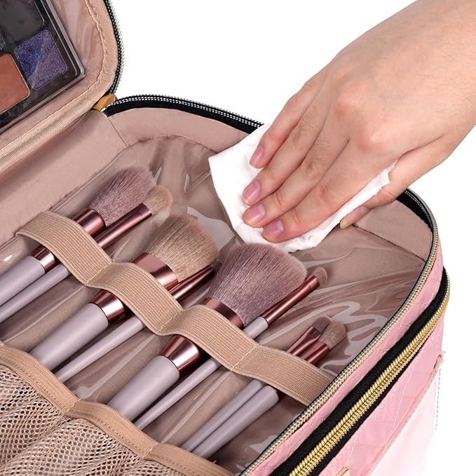BAFAMYE Double Layer Travel Makeup Bag for Women, Large Cosmetic Case Organizer with Makeup Brush Compartment, Portable Train Case Make Up Bag for Travel-Size