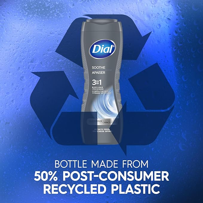 Dial Men 3 in 1 Body, Hair and Face Wash, Soothe, 16 Fl Oz, Pack of 4, Infinite Fresh Scent, Cleanses Deep + Gentle on Skin with Clean Rinse Technology