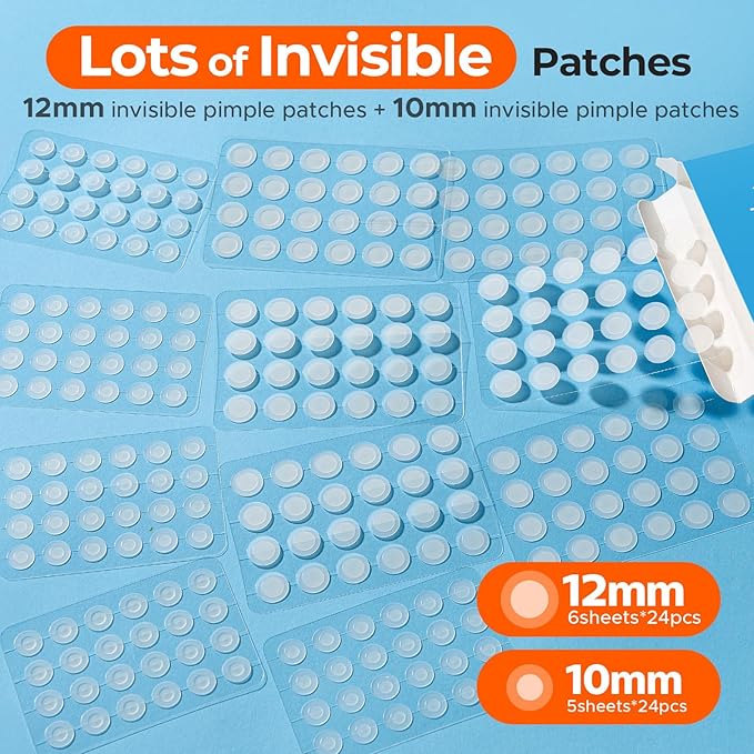 TKTK Pimple Patches for Face, 0.01cm Ultra-Thin Invisible Acne Patches, Hydrocolloid Patches for Breakouts, Absorbs Zits & Blemish, Suitable Under Makeup, 2 Sizes(10mm/12mm) 264 count