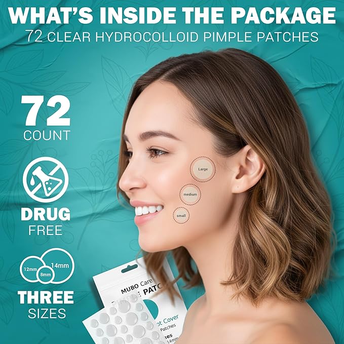 Mubo Care Pimple Patch – Hydrocolloid Acne Dots for Face, Invisible and Waterproof Blemish Spot Treatment – Fast Healing Pimple Stickers for All Skin Types (72 Count (Pack of 1))