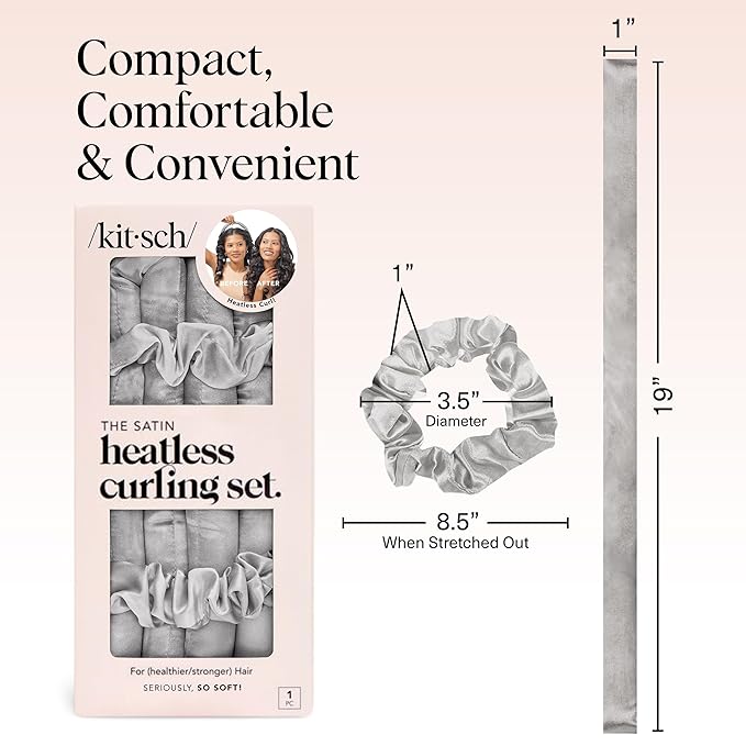 Kitsch Satin Heatless Curling Set – Heatless Curls Overnight with 34" Hair Curler & 2 Satin Scrunchies – Comfortable Hair Curlers to Sleep In for Frizz-Free, No Heat Damage Styling - Silver