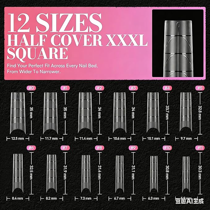 Makartt Half Cover Square Nail Tips: No C Curve Clear Acrylic XXL Extra Long Pre-shaped, Full Matte, 240 PCS, 12 Sizes, Fake Nails for Extensions Manicure Salon Home DIY