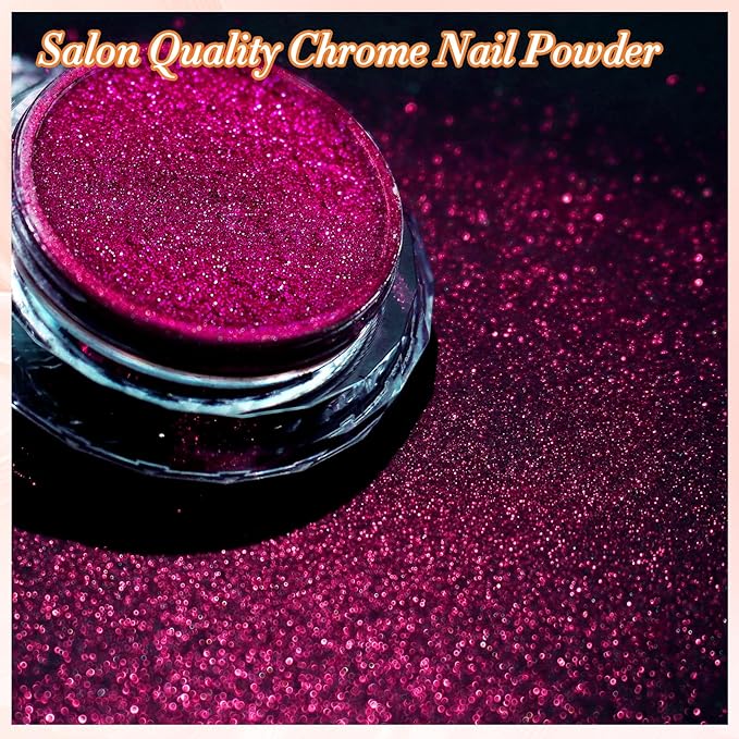 FNNZ Chrome Nail Powder, Metallic Nail Powder Pigment Premium Mirror Effect Salon Nail Art Glitter Dust for Valentines Gel Polish Decoration Home DIY Nail Manicure Supplies - Fuchsia Glimmer