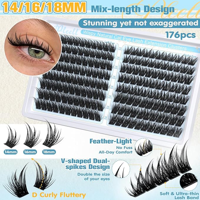 Manga Lash Clusters With Spikes Cat Eye Cluster Lashes 14/16/18MM Cluster Eyelash Extensions Left&Right Individual Lashes Volume Lash Extensions by Pleell (176PCS, D Curve)