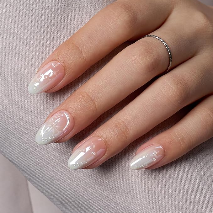 VSALON Press-On Nails Short Almond, 42 PCS Chrome Ombre 3D Star Fake Nails, 32 Main Nails in 16 Sizes & 10 Alternative Nails, Gel Reusable Glue On Nail Set with Full Tool Kit
