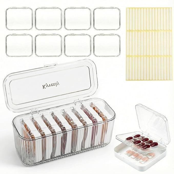 Press On Nail Organizer 8pcs Double Layer Nail Case And 1 Big Acrylic Storage Box For Press On Nail Packaging Clear Display Box Fake Nail Organizer With Double Sided Adhesive Tabs