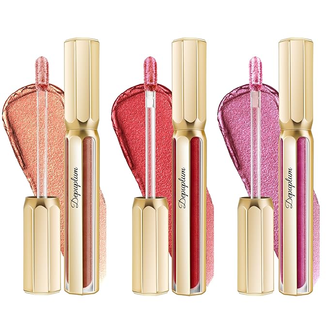 Depuplum 3Pc Lipsticks Set for Women Metallic Lipstick Long Lasting Dark Red Bronze Burgundy Lip Gloss, Metal Shine Lightweight Hydrating Full Coverage Lip Color, DP103/104/107