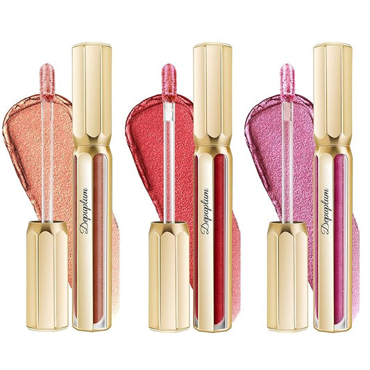 Depuplum 3Pc Lipsticks Set for Women Metallic Lipstick Long Lasting Dark Red Bronze Burgundy Lip Gloss, Metal Shine Lightweight Hydrating Full Coverage Lip Color, DP103/104/107