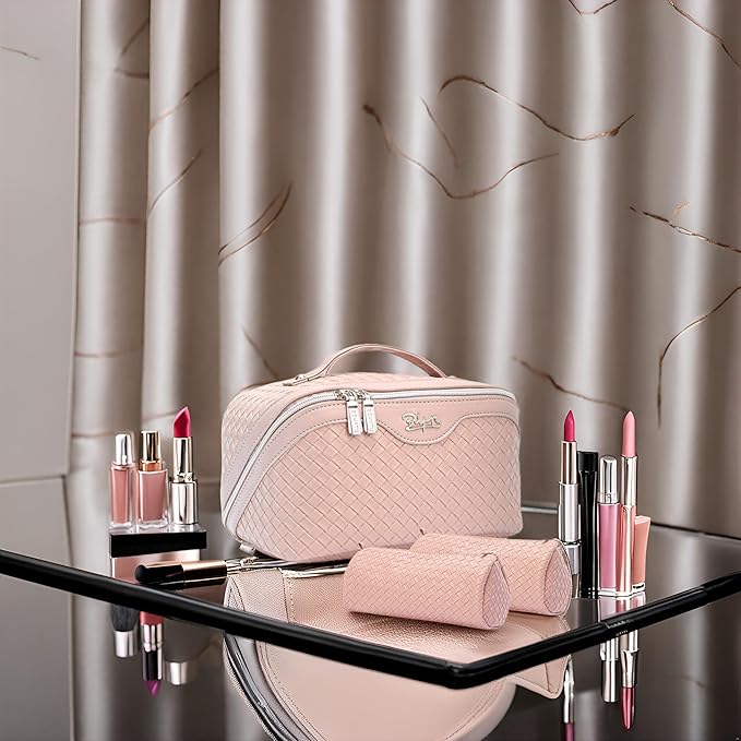 BOYATU Travel Makeup Bag Cosmetic Bags for Women: Large Capacity 3 Pcs Set Make up Bag with Compartments - Waterproof Vegan Leather Toiletry Organizer Bags with Handle (L02 Light Pink)