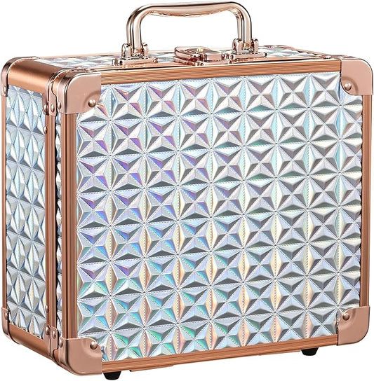 Makeup Train Case with Magnetic LED Mirror Makeup Organizer Box Travel Cosmetic Case with 3 Colors LED Mirror Portable Vanity Make up Suitcase with Lockable Keys Dividers Brush Holder, Silver