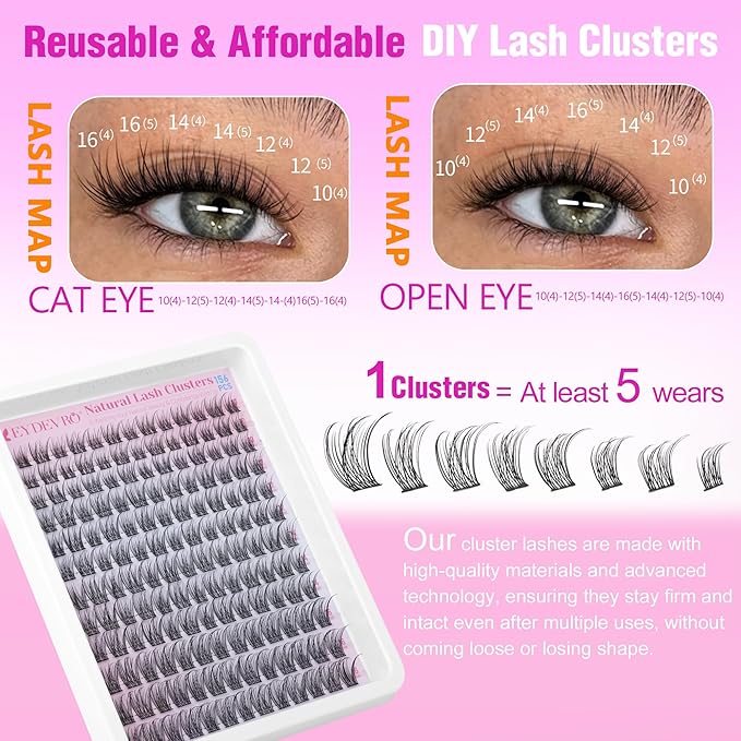 EYDEVRO Natural Lash Clusters Wispy Eyelash Clusters 10-16mm Cluster Eyelash Extensions Individual Lashes DIY Lash Extensions at Home Soft Reusable Cluster Lashes