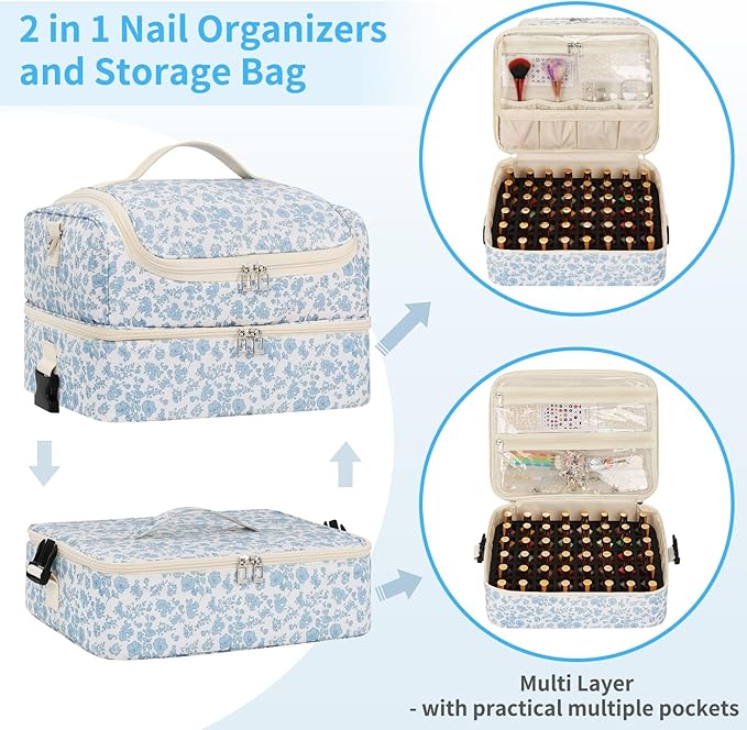 Extra Large Nail Polish Organizer - Three Layer Nail Organizers And Storage Bag, Portable Nail Supplies Organizer Case, Nail Tech Kit Travel Carrying Box with Shoulder Strap (Floral Blue, 117 Slots)