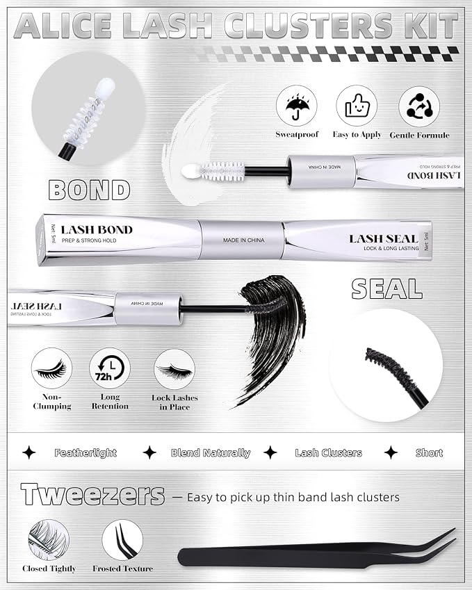 Flaunt Lash Clusters Kit Natural Wispy Lash Extension Kit Short 10mm-12mm-14mm Cluster Eyelash Extension Kit Individual Lashes Kit with Bottom Lashes Bond and Seal by ALICE