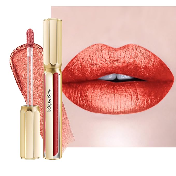 Depuplum Red Lipsticks for Women Metallic Lipstick Long Lasting Non Stick Cup Lip Gloss, Shimmer Lightweight Hydrating Full Coverage Lip Color, DP116 Expectation