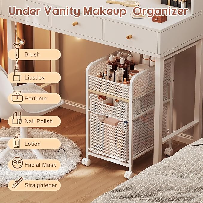 Rolling Makeup Cart Organizer with 2 Drawers, Narrow Floor Skincare Organizers, Vanity Organizer Cosmetics Display Cases Holder for Skin Care Nail Polish Perfume Makeup Brush, White
