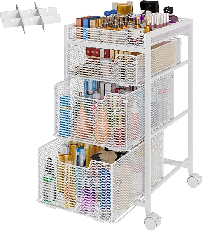 JKsmart Rolling Makeup Cart Organizer with 3 Drawers, Cosmetics Display with Dividers, Floor Skincare Storage with Wheels, Versatile Vanity Organizer for Nail Polish Perfume Brush Hair Tool, White