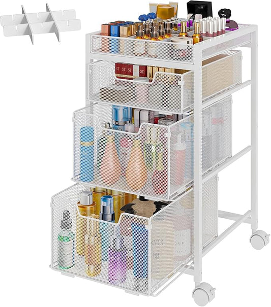 JKsmart Rolling Makeup Cart Organizer with 3 Drawers, Cosmetics Display with Dividers, Floor Skincare Storage with Wheels, Versatile Vanity Organizer for Nail Polish Perfume Brush Hair Tool, White