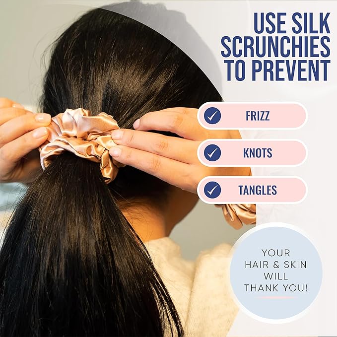 Blissy Silk Scrunchies (3 Pack) - 100% Pure Mulberry Silk - 22 Momme 6A High-Grade Fibers Scrunchie for Straight & Curly Hair - Preventing Breakage, Tangling, & Creasing (Rose Regular)