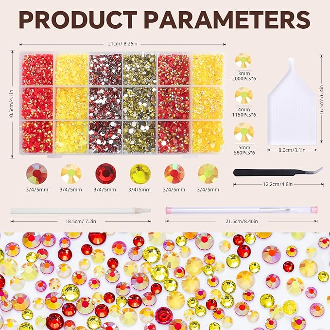 22300Pcs Red and Yellow Resin Flatback Rhinestones Tumbler Non-hotfix Round Gems for Nails Crafts Clothes Shoes Decoration(3mm,4mm,5mm)