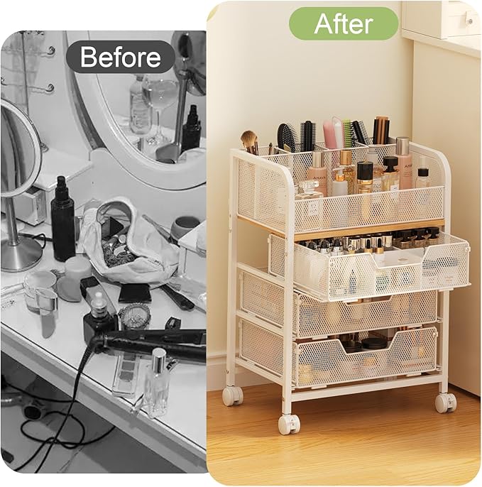 3 Drawers Makeup Cart Organizer with Divider, Under Desk Floor Skincare Organizers, Vanity Storage Organizer Cosmetics Display Cases for Skin Care Perfume Nail Polish, White