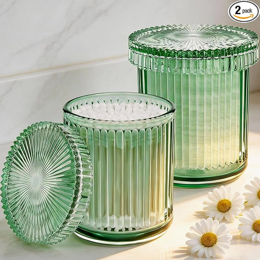 ESEHGS 2 Pack Glass Qtip Holder Dispenser Set - Bathroom Organizer for Cotton Swabs, Balls, Pads, Floss Picks - Clear Apothecary Jars for Vanity, Makeup Storage, Bathroom Accessories Decor (Green)