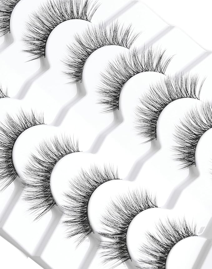 Faux Mink Lashes Natural Look Fluffy 14mm Eyelashes Wispy 3D 12mm Fake Eyelashes Thin Band Reusable False Lashes Pack 7 Pairs S3