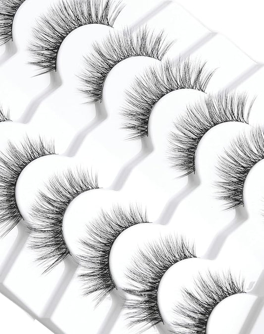 Faux Mink Lashes Natural Look Fluffy 14mm Eyelashes Wispy 3D 12mm Fake Eyelashes Thin Band Reusable False Lashes Pack 7 Pairs S3
