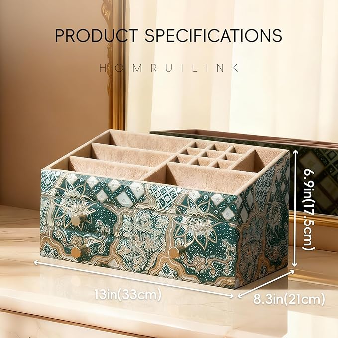 Glass Makeup Organizer for Vanity - Vanity Case with Drawers & Velvet Lining, Countertop Organizer for Lipstick, Brushes, Skincare, Perfume - Christmas Gifts for Women